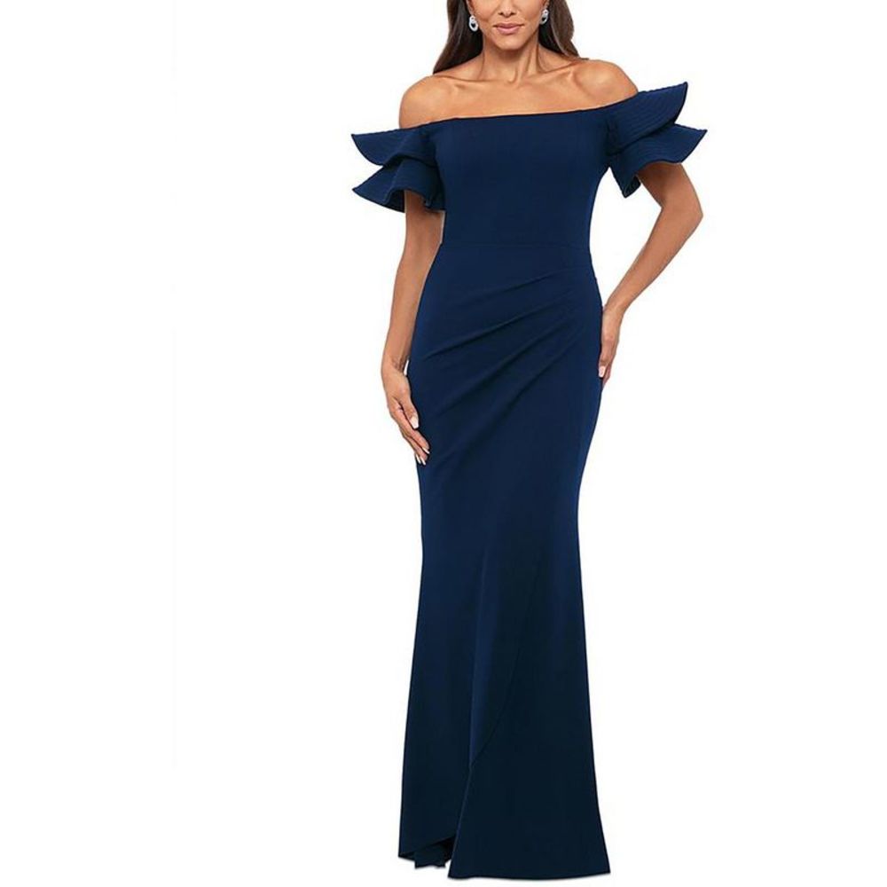 Xscape Navy Off-Shoulder Ruffle Sleeve Evening Gown